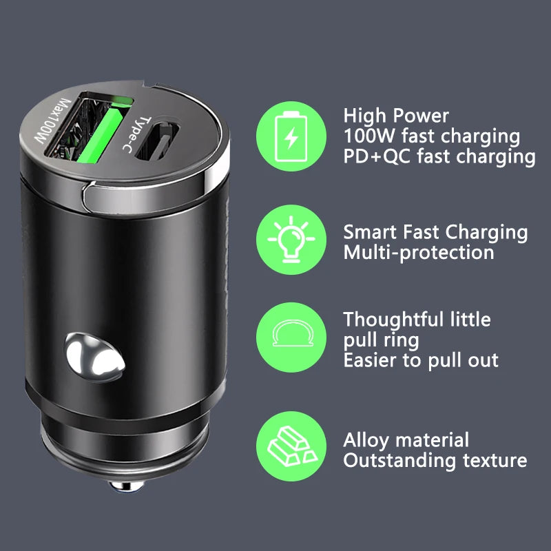 100W Mini Car Charger for iPhone Samsung